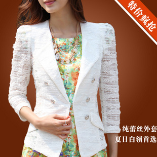 2012 autumn quality full lace cutout women's coat white collar double breasted blazer