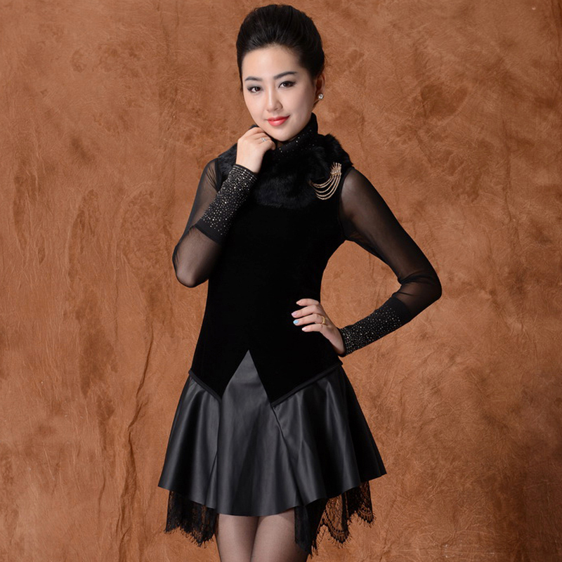 2012 autumn quality rabbit fur lace brooch black leather skirt tank dress one-piece dress female yf686