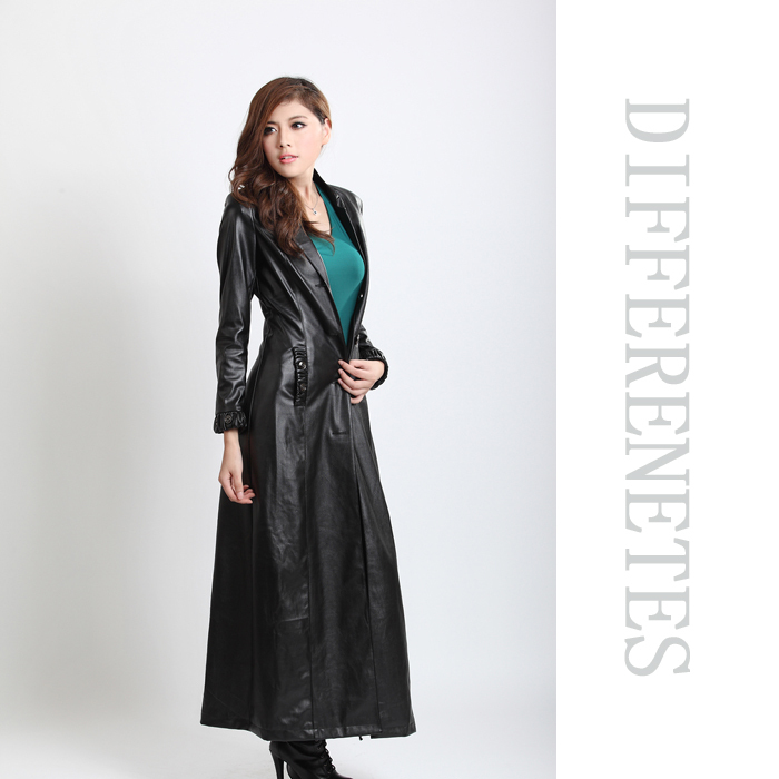 2012 autumn quality water wash skin black turn-down collar slim ultra long trench leather clothing