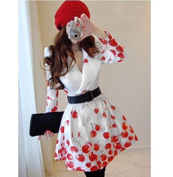 2012 autumn red cherry puff skirt double breasted trench free shipping