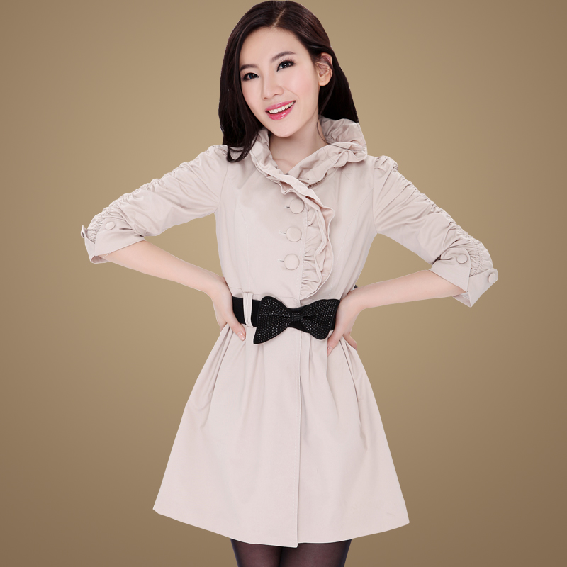 2012 autumn ruffle collar three quarter sleeve slim trench outerwear