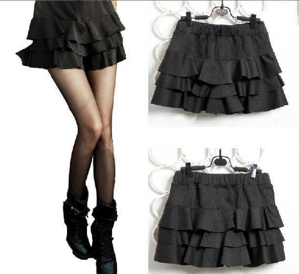 2012 autumn ruffle culottes layered dress pants basic short skorts black bust skirt