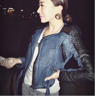 2012 autumn slim denim outerwear female motorcycle short design denim patchwork leather WD133 , Free Shipping