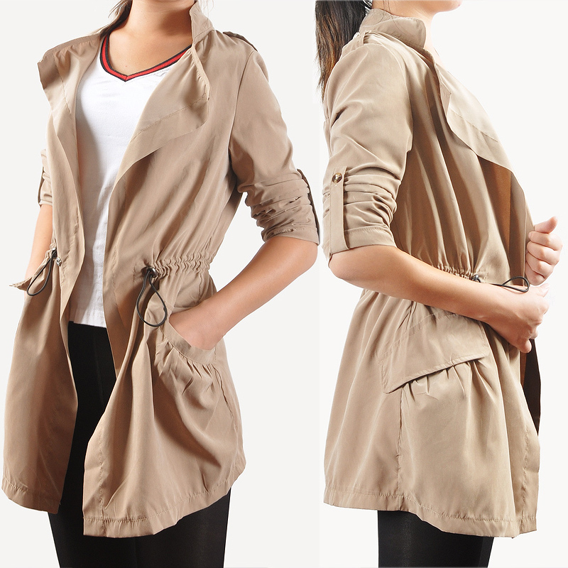 2012 autumn slim elastic waist medium-long sunscreen casual outerwear trench