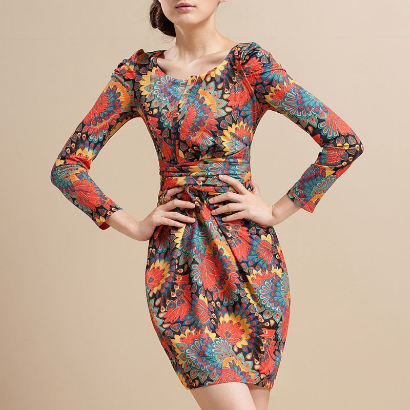 2012 autumn slim elegant midsweet phoeni print slim waist one-piece dress autumn women's
