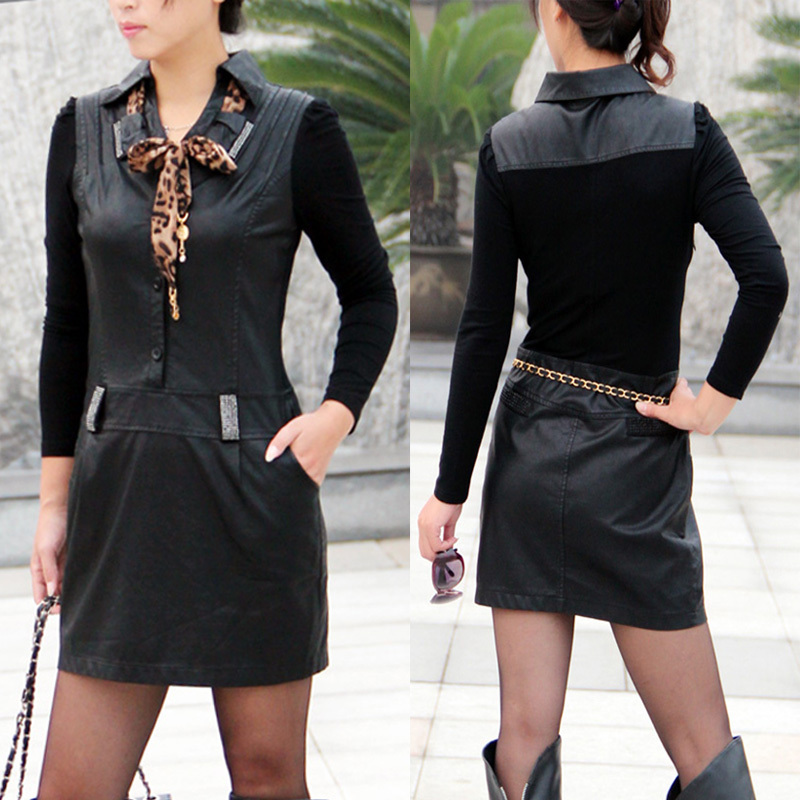 2012 autumn slim fashion women's plus size long-sleeve leather skirt one-piece dress xxxxl Women