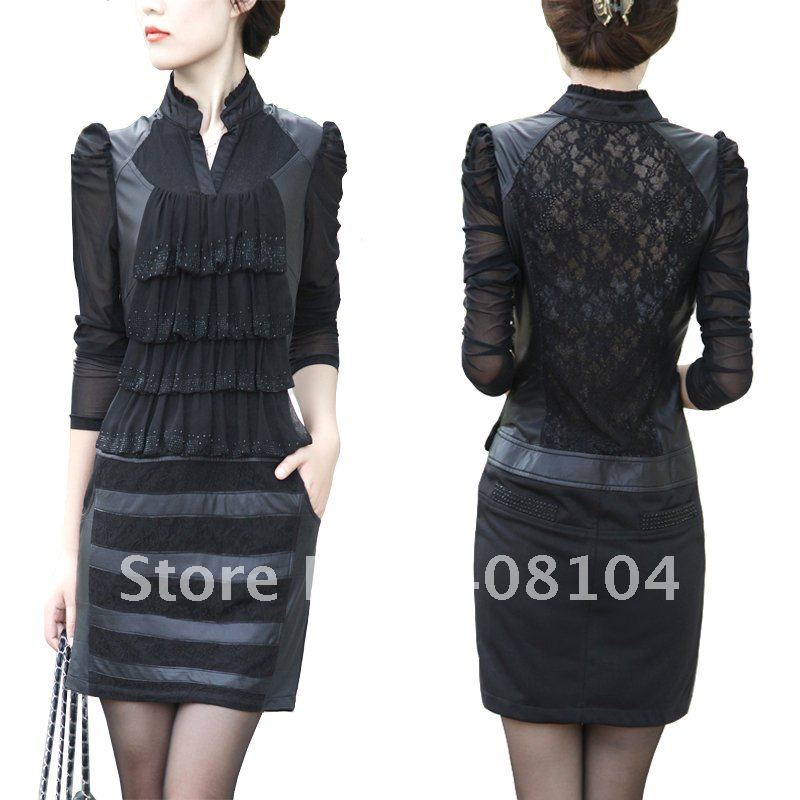 2012 autumn slim plus size lace long-sleeve plus size slim hip leather skirt one-piece dress