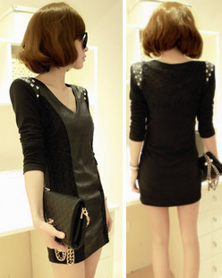 2012 autumn slim sexy slim hip leather skirt basic skirt lace long-sleeve dress