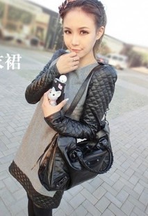 2012 autumn small woolen patchwork leather skirt plaid Light gray long-sleeve dress