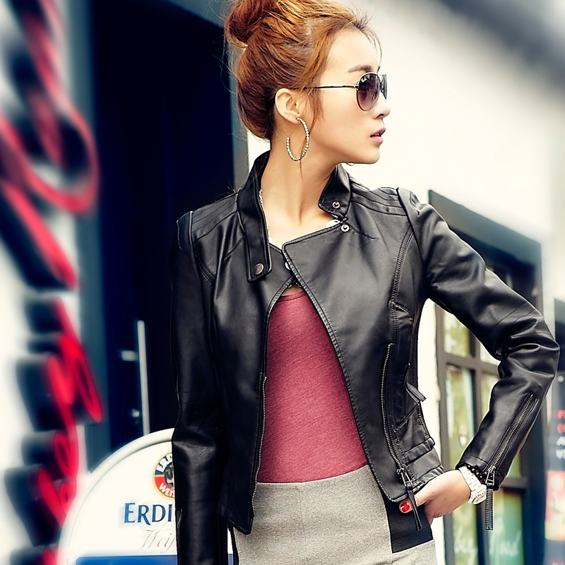 2012 autumn stand collar motorcycle short design slim PU women's jacket short jacket