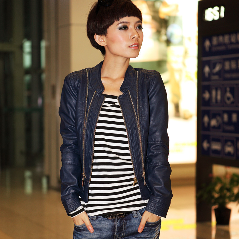 2012 autumn stand collar women's jacket leather clothing slim small leather clothing short design women's