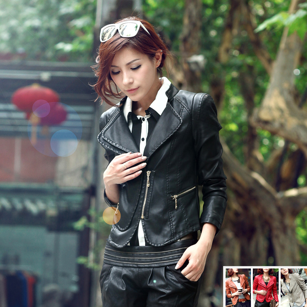 2012 autumn stand collar women's plus size short design PU leather jacket red slim outerwear small leather clothing hm22