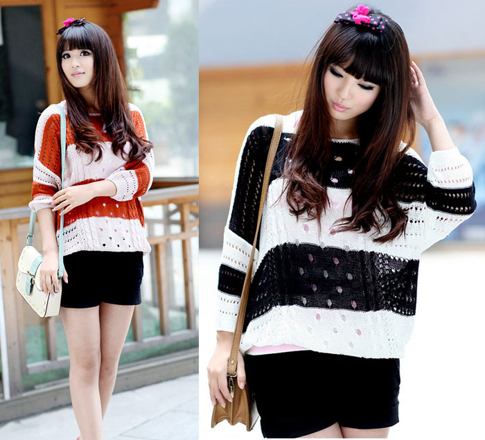 2012 autumn sweater stripe color block decoration loose sweater batwing sleeve cutout knitted sweater shirt women's