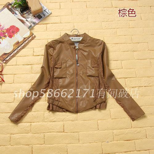 2012 autumn sweet beautiful woman stand collar handsome slim lace patchwork leather clothing coat