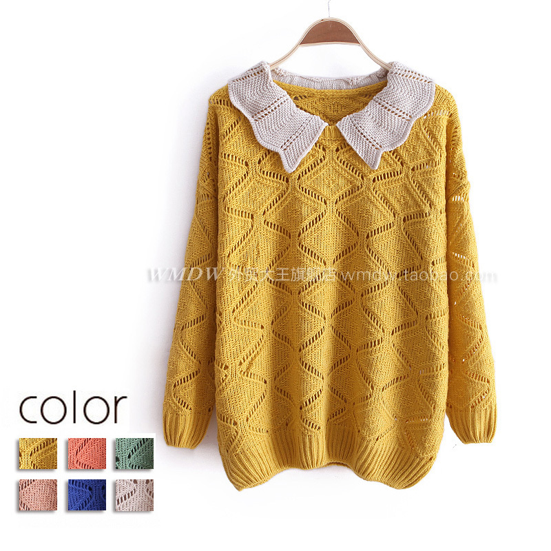 2012 autumn sweet color block decoration turn-down collar long-sleeve pullover loose sweater wx979