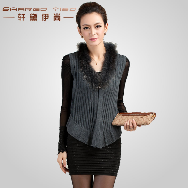 2012 autumn sweet fur collar V-neck sleeveless sweater female women's slim small vest