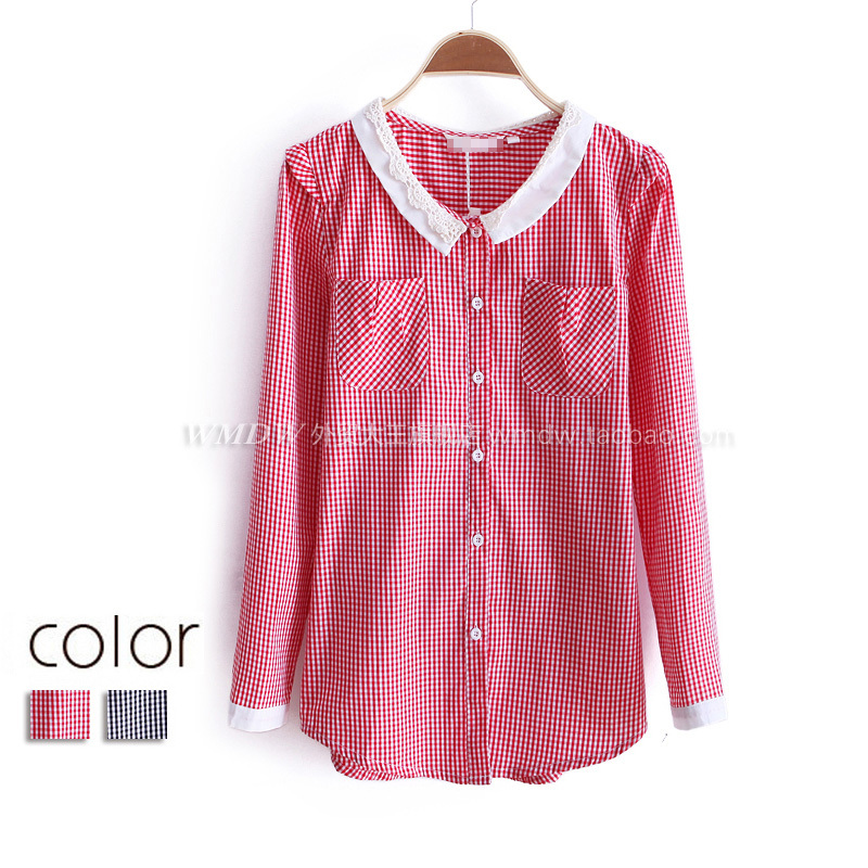 2012 autumn sweet little plaid lace turn-down collar single breasted long-sleeve slim shirt wc1302