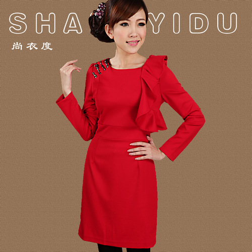 2012 autumn sweet long-sleeve knitted bride bridesmaid the big red one-piece dress formal dress