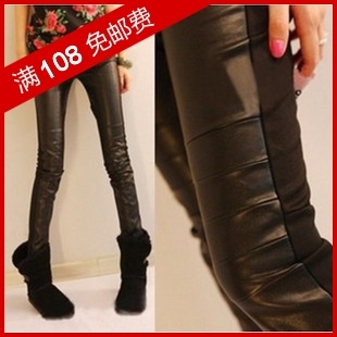 2012 autumn thickening legging female patchwork faux leather boot cut jeans elastic skinny pants casual ankle length trousers