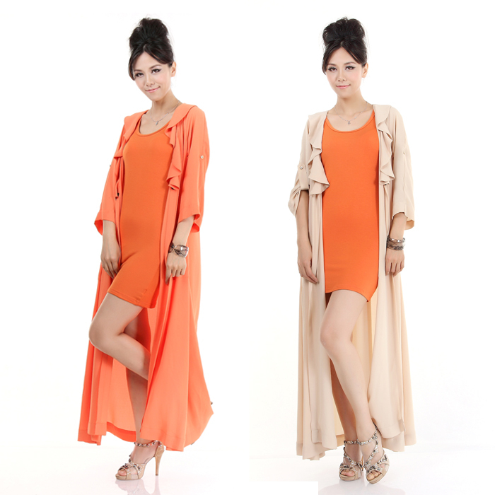 2012 autumn thin trench cardigan ultra long section of green chiffon one-piece dress plus size expansion bottom