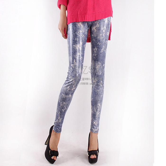 2012 autumn trousers Women print leather legging lengthen edition faux denim ankle length trousers
