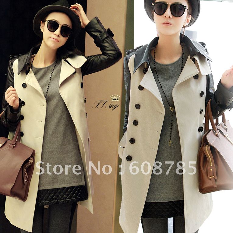 2012 autumn turn-down collar double windbreak breasted coat jacket PU patchwork women overcoat outerwear free shipping B0558