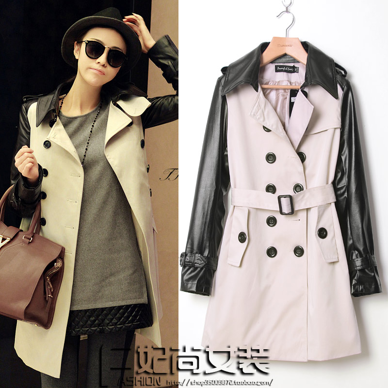 2012 autumn turn-down collar two ways patchwork fashion double breasted belt long-sleeve trench