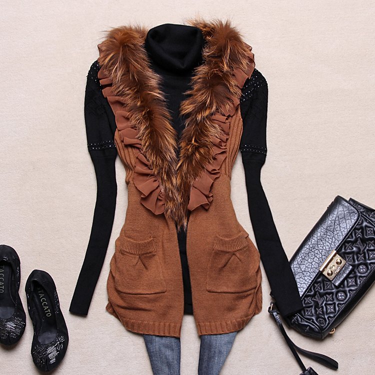 2012 autumn V-neck slim raccoon fur laciness large lapel medium-long sweater