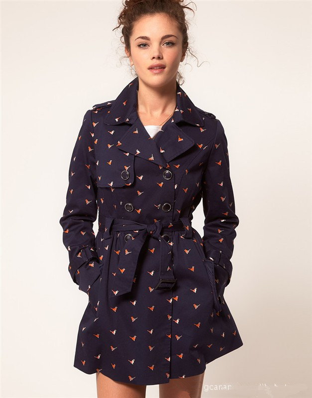 2012  autumn vintage elegant bird pattern belted coat trench/1 piece free shipping fall women ladies coat/DZ003