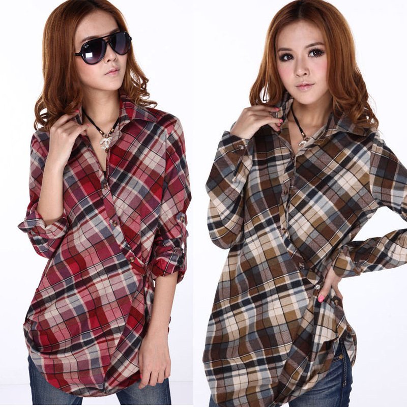 2012 autumn vintage fashion plus size personality women's long-sleeve plaid shirt ftree shipping