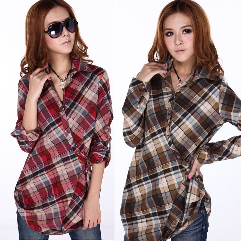 2012 autumn vintage fashion plus size personality women's long-sleeve plaid shirt ftree shipping