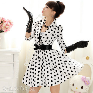 2012 autumn white and black polka dot big skirt elegant single breasted plus size half sleeve slim waist outerwear trench