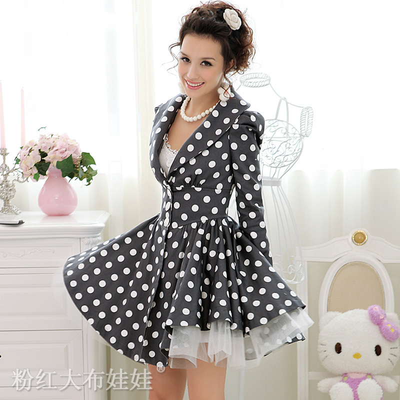 2012 autumn white and gray polka dot royal collar big skirt slim long-sleeve trench women outerwear