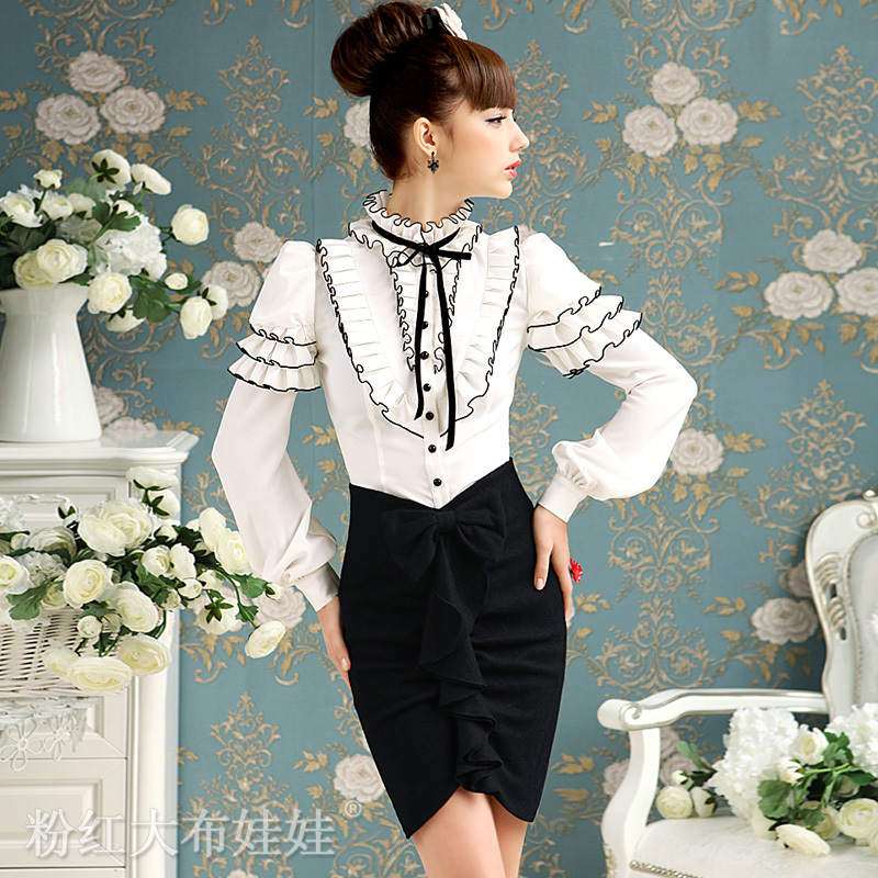 2012 autumn white black bow royal vintage ruffle puff long-sleeve  women's shirt / blouses