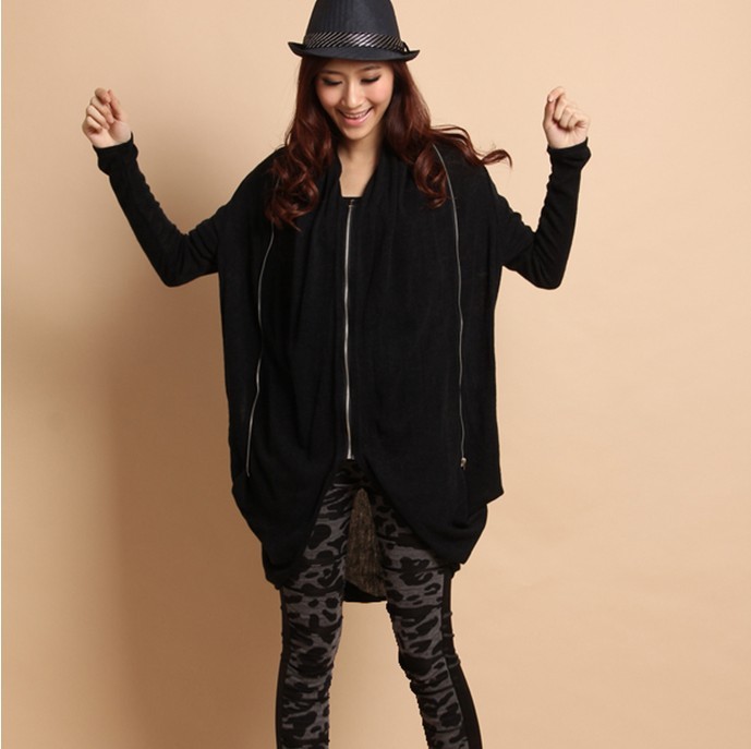 2012 autumn wholesale cardigans long sleeve double layer zipper tie women's loose big fat batwing sleeve plus size outerwear