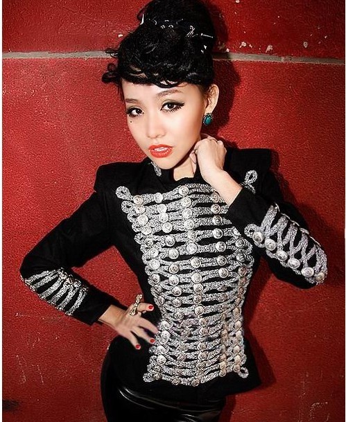 2012 autumn winter black royal double breasted shrug shoulder cannetille silver button long sleeve jacket woolen blends EW1019