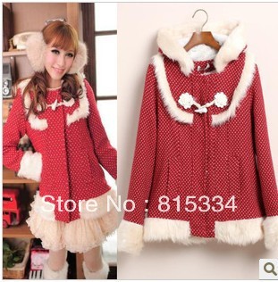 2012 Autumn Winter Christmas Sweet Cap Fur collar down Jacket women /wool polka dot down coat for women free shipping Red,Blue