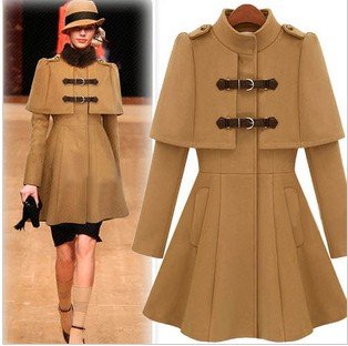 2012 autumn/winter Elegant women trench poncho leather buckle on slim stand collar fur collar wool coat woolen outerwear J04