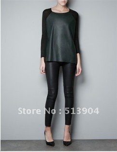 2012 Autumn Winter Fashion Women's PU Leather Patchwork Black Pullover Casual knitwear Ladies knitted sweater