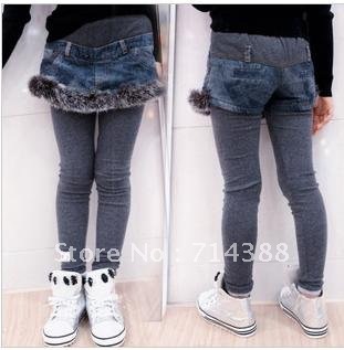2012 autumn/winter girl's jeans skirt denim pantskirt, joker rabbit hair thickening jeans split skirt 5pcs/lot free shipping