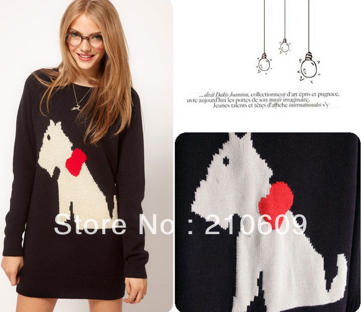 2012 autumn&winter new lady leisure round collar lovely dog head medium&long sweater