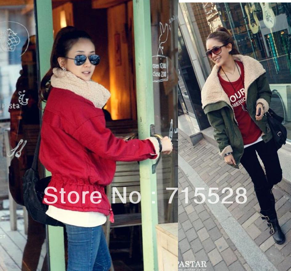 2012 Autumn Winter New Lambs Wool Big Collar Army Green Big Cotton-padded Jacket Pocket Clothes Coat Thick Outwear Free Shipping