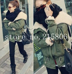 2012 autumn winter new lambs wool big collar army green big cotton-padded jacket pocket cotton-padded clothes coat thick jacket