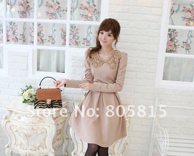 2012 Autumn&Winter Newest Design Fashion Sequins Crocheted Lapel Long Sleeve Women Dresses Skirts,Puff Sleeve Slim Lady Dress