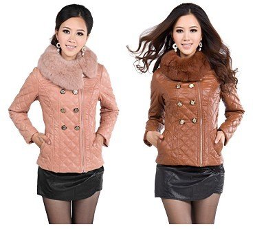 2012 autumn winter special offer genuine rabbit fur collar thicken cotton slim PU  leather jacket TBW032