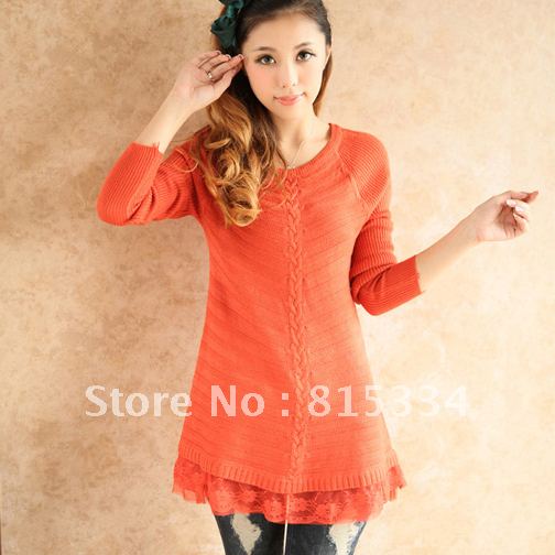 2012 autumn  winter women's lace decoration pullover medium-long sweater/plaid slim chirstmas sweater-stripe dress free shipping