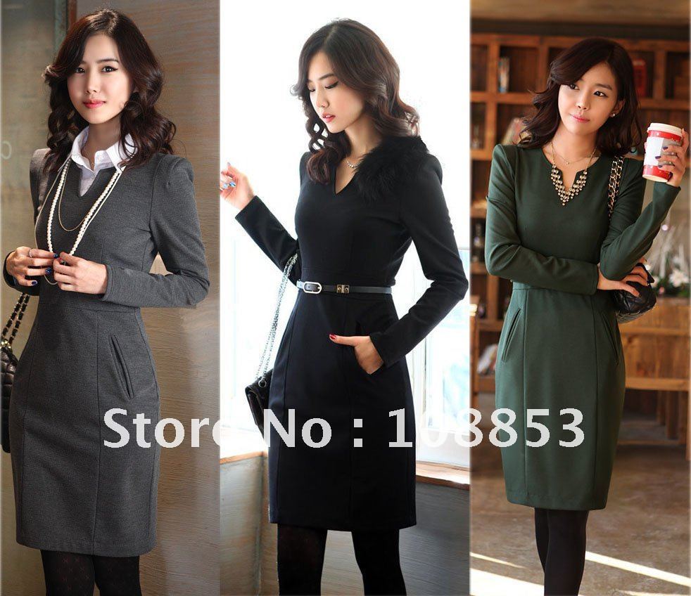 2012 Autumn Winter Women's Ladies OL Elegant V-Neck Casual Dress Dresses Free Shipping CMC-0089