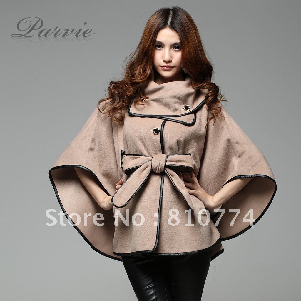 2012 autumn winter women's sheep trophonema wool coat outerwear cloak cape PU trench outerwear