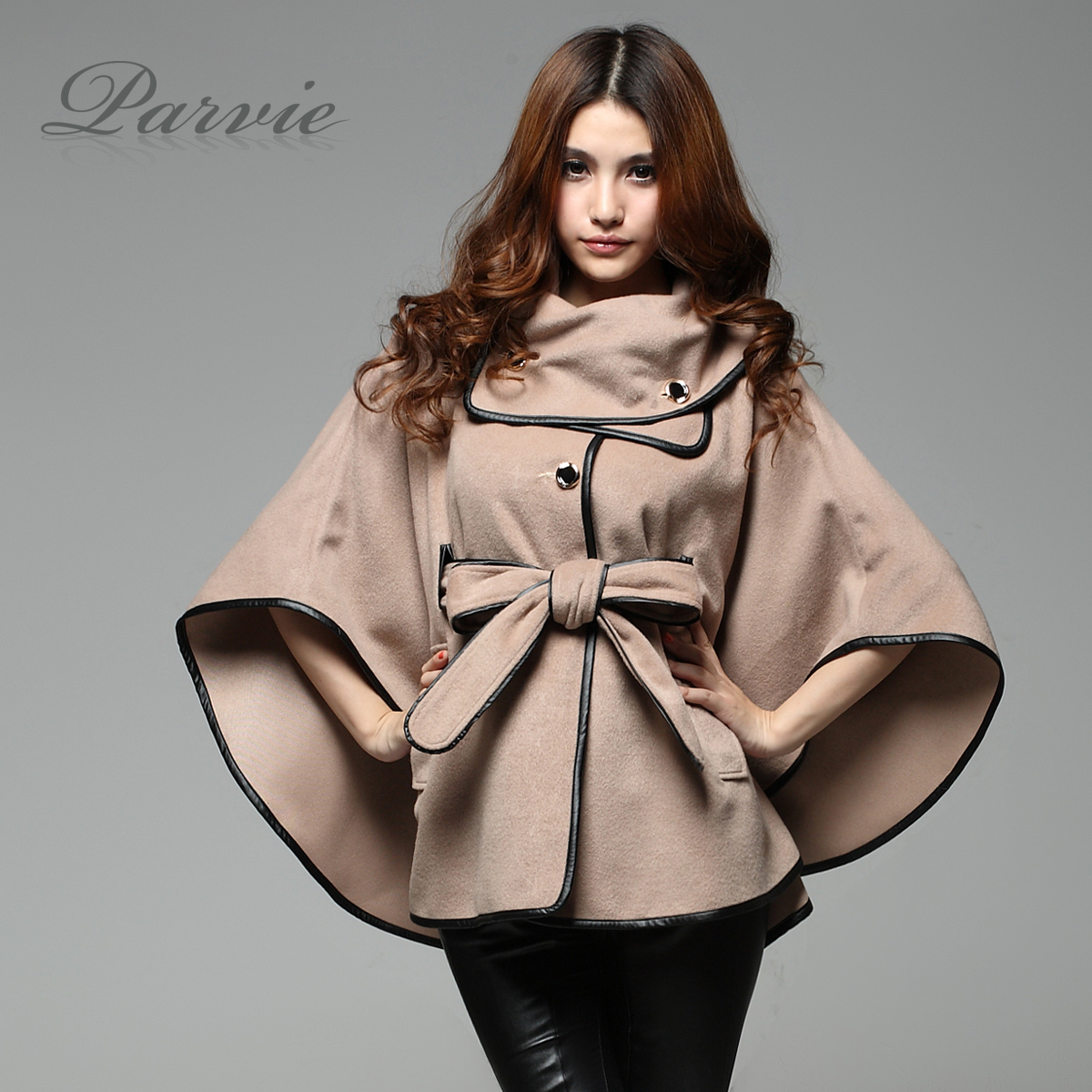 2012 autumn winter women's sheep trophonema wool coat outerwear cloak cape PU trench outerwear Free Shipping~China Post