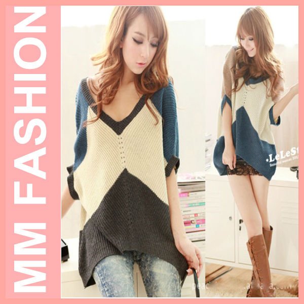 2012 autumn winters maternity jacket large size V color matching temperament show thin bat sleeve short sleeve sweater